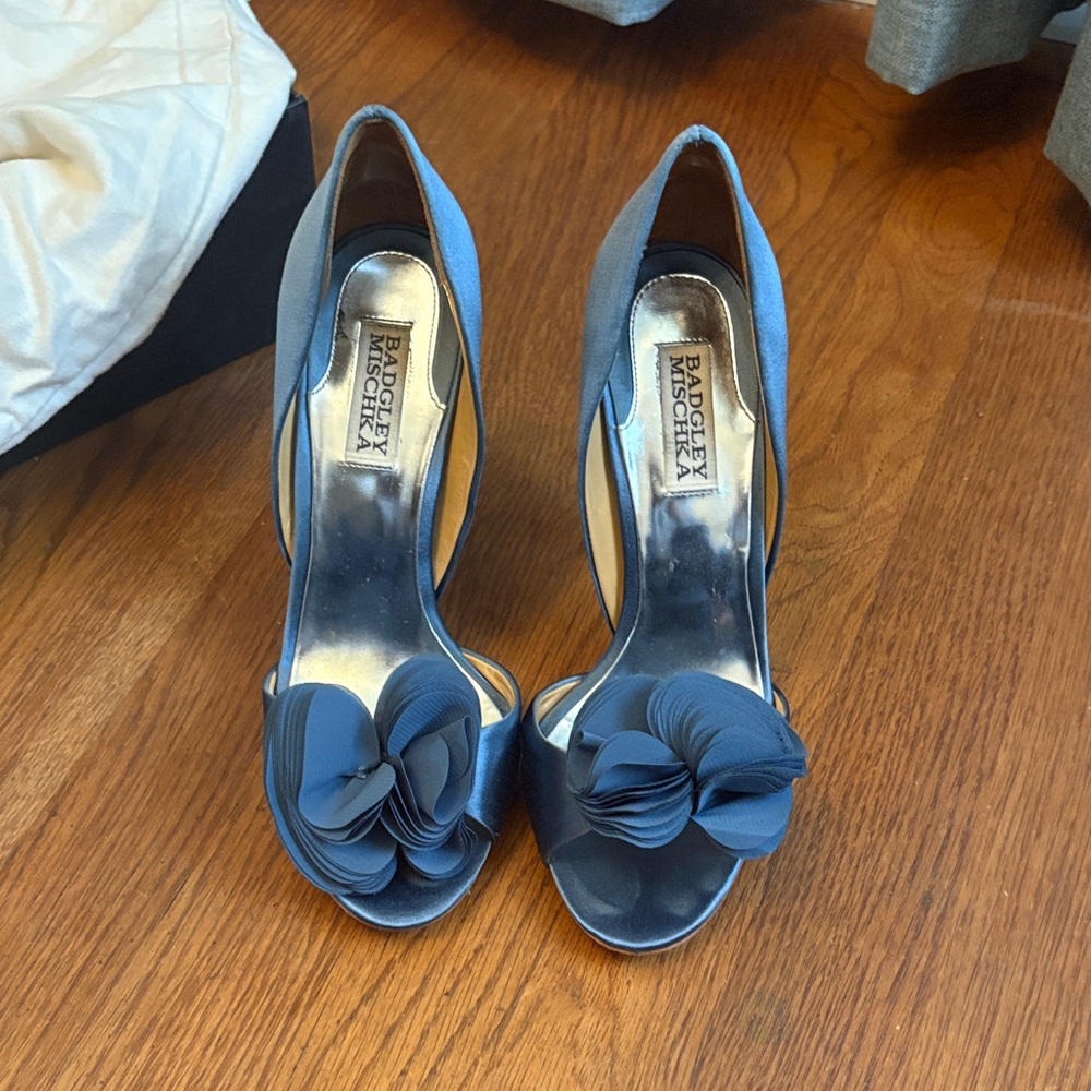 Badgley Mischka Blue Peep-Toe Heels with Floral Accent